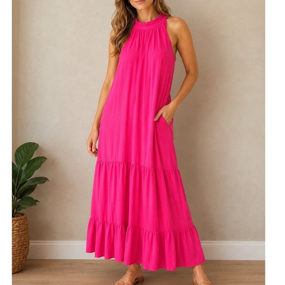 Vince Camuto Maxi Dress Womens L Pink Excellent Halter Tiered Bow Back Pockets